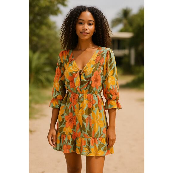 easel Dresses & Skirts - New with Tags Easel Floral Tie Front Mini Dress Green Orange Yellow Small